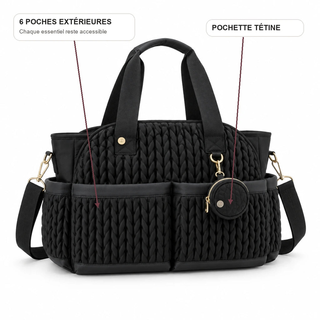 Cabas à langer tressé noir avec six poches extérieures et porte-tétine | NOLIERA