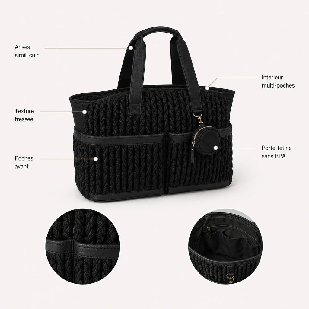 Caractéristiques du cabas à langer tressé noir : anses simili cuir, texture tressée, intérieur multi-poches, porte-tétine, base renforcée | NOLIERA
