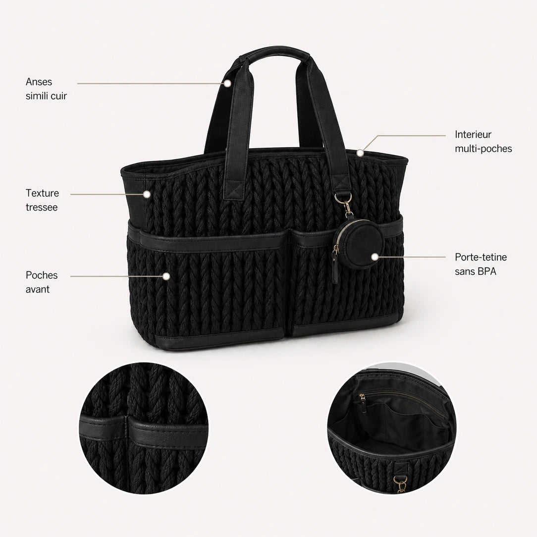 Caractéristiques du cabas à langer tressé noir : anses simili cuir, texture tressée, intérieur multi-poches, porte-tétine, base renforcée | NOLIERA