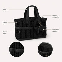 Caractéristiques du cabas à langer tressé noir : anses simili cuir, texture tressée, intérieur multi-poches, porte-tétine, base renforcée | NOLIERA