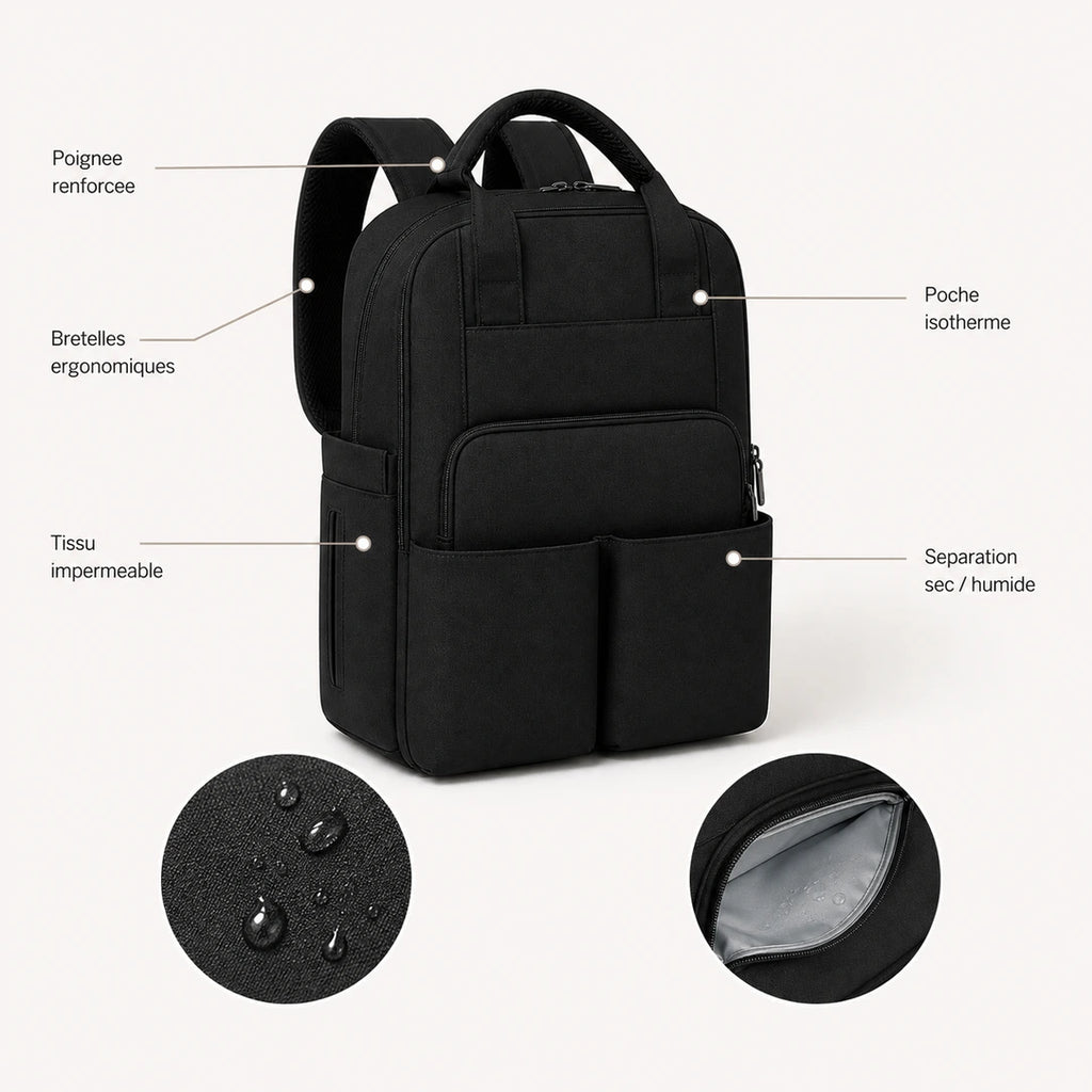 Caractéristiques du sac à dos à langer compartimenté noir : bretelles ergonomiques, tissu imperméable, poche isotherme, compartiment sec-humide | NOLIERA