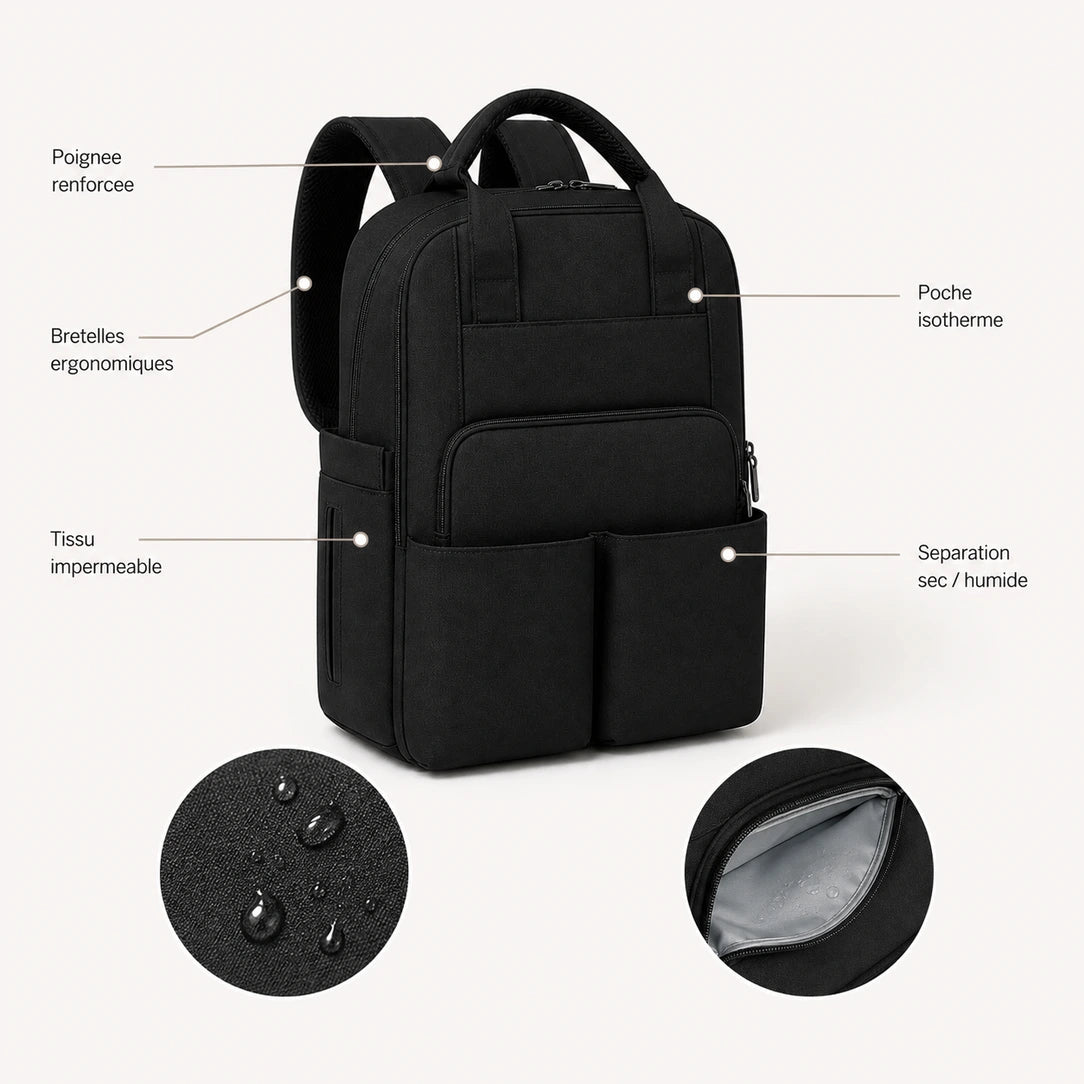 Caractéristiques du sac à dos à langer compartimenté noir : bretelles ergonomiques, tissu imperméable, poche isotherme, compartiment sec-humide | NOLIERA