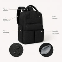 Caractéristiques du sac à dos à langer compartimenté noir : bretelles ergonomiques, tissu imperméable, poche isotherme, compartiment sec-humide | NOLIERA