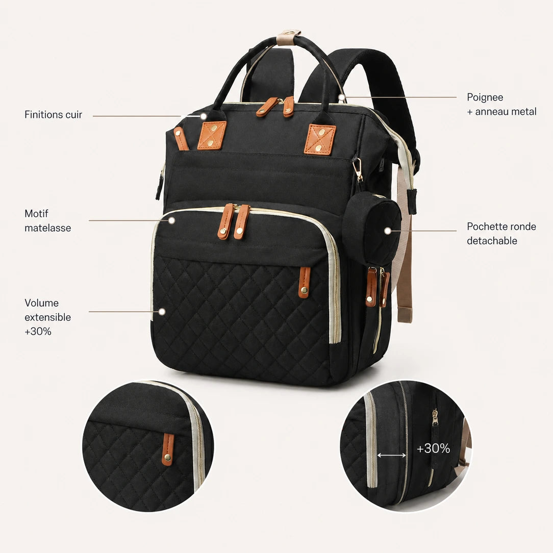 Caractéristiques du sac à dos à langer matelassé noir : finitions cuir, motif matelassé, volume extensible, bretelle croisée, pochette détachable | NOLIERA
