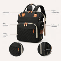 Caractéristiques du sac à dos à langer matelassé noir : finitions cuir, motif matelassé, volume extensible, bretelle croisée, pochette détachable | NOLIERA