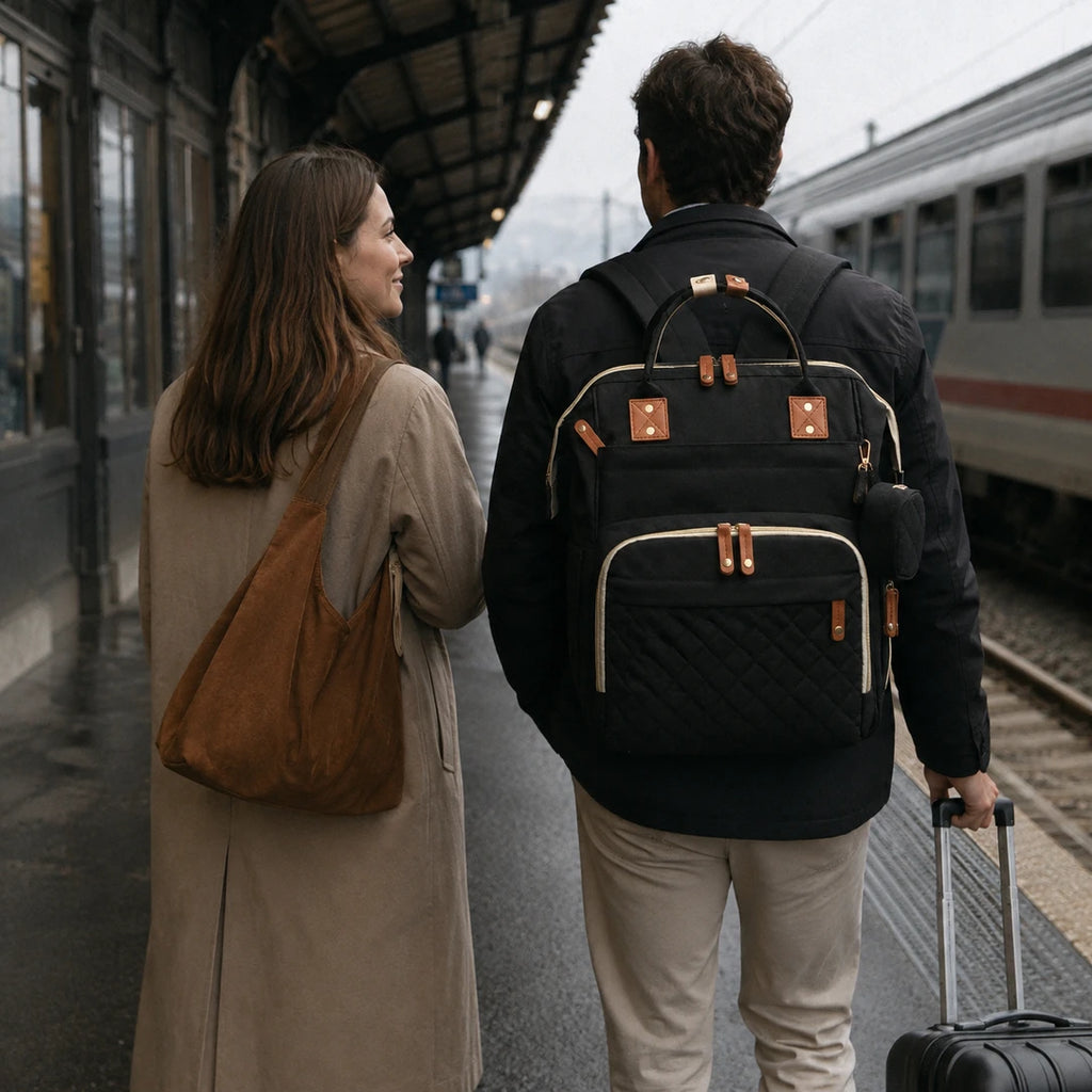 Sac à dos à langer matelassé noir posé dans un salon lumineux | NOLIERA