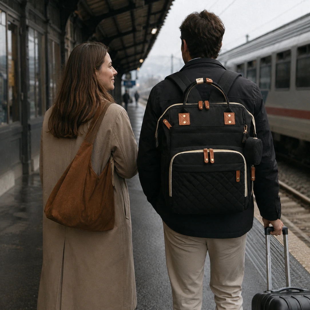 Sac à dos à langer matelassé noir posé dans un salon lumineux | NOLIERA