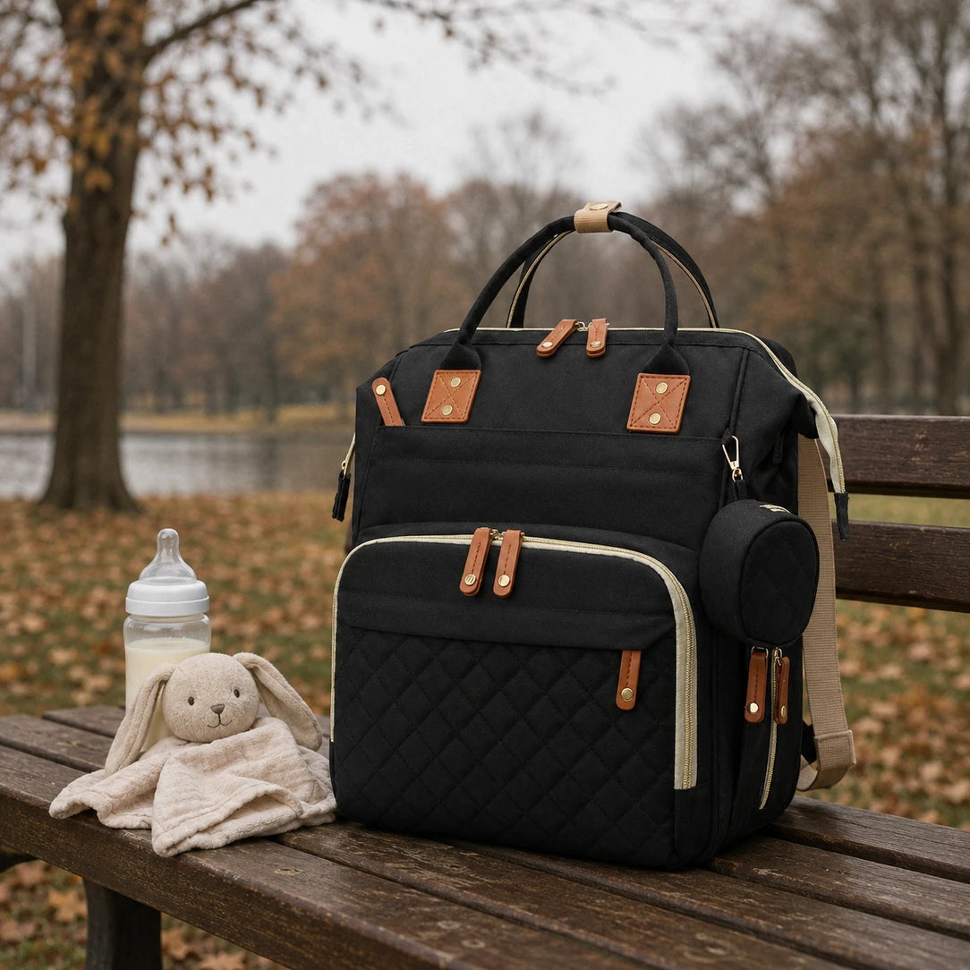 Parent portant le sac à dos à langer matelassé noir en balade | NOLIERA