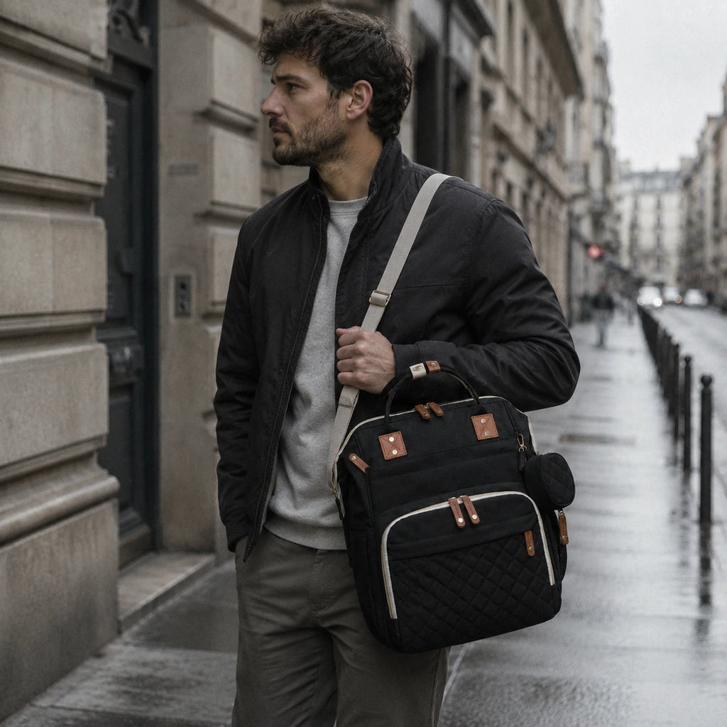 Sac à dos à langer matelassé noir utilisé au quotidien | NOLIERA