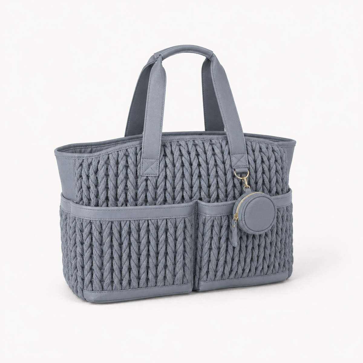 Cabas à langer tressé bleu, vue studio fond blanc | NOLIERA