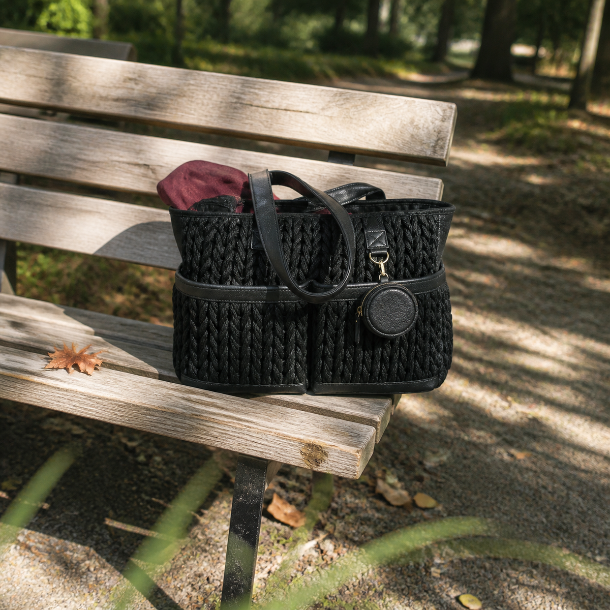 Cabas à langer tressé noir posé sur un banc de parc | NOLIERA