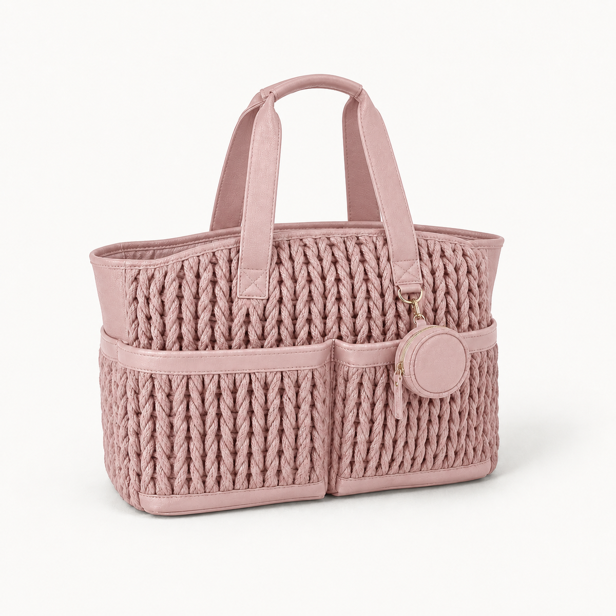 Cabas à langer tressé rose, vue studio fond blanc | NOLIERA