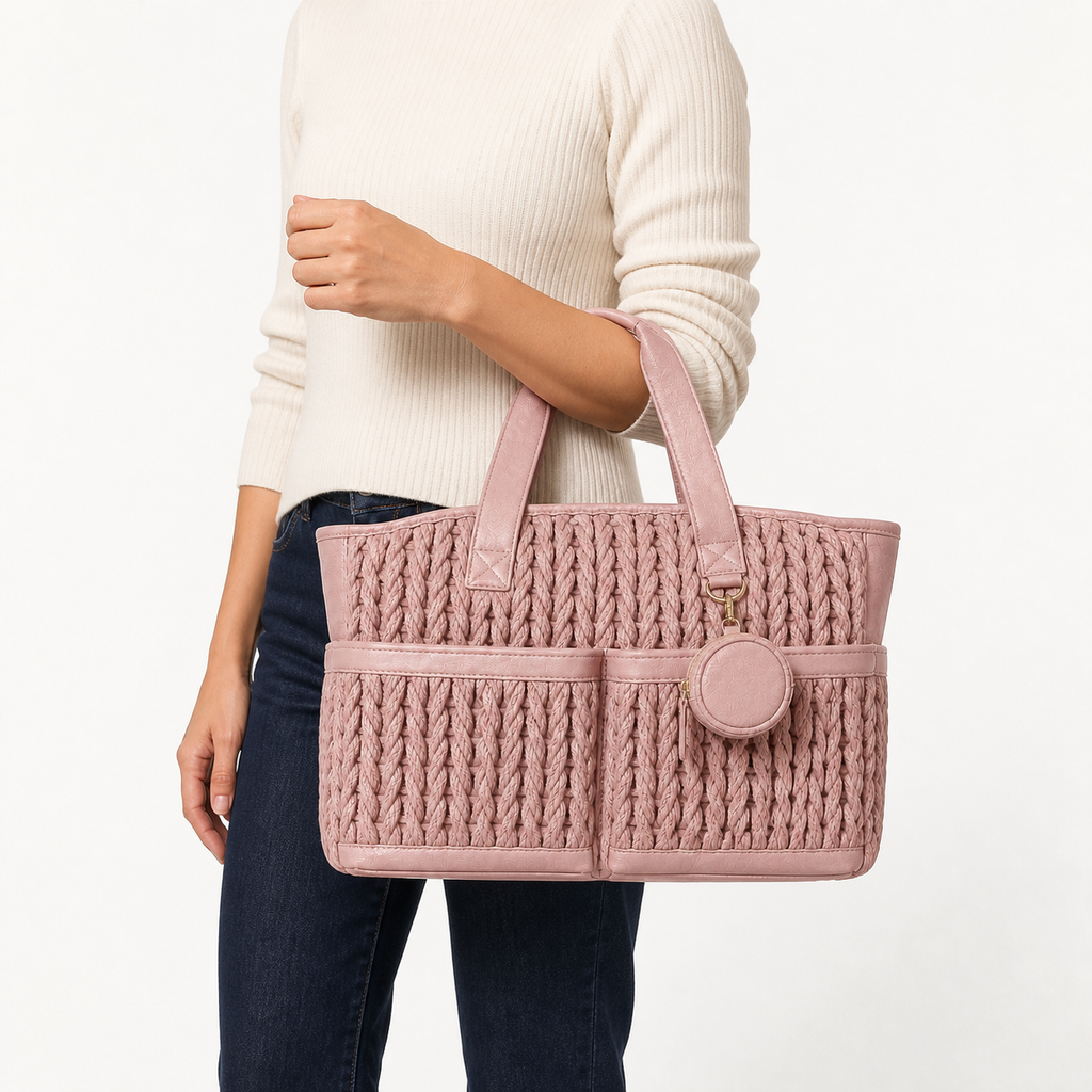 Cabas à langer tressé rose porté, taille réelle | NOLIERA