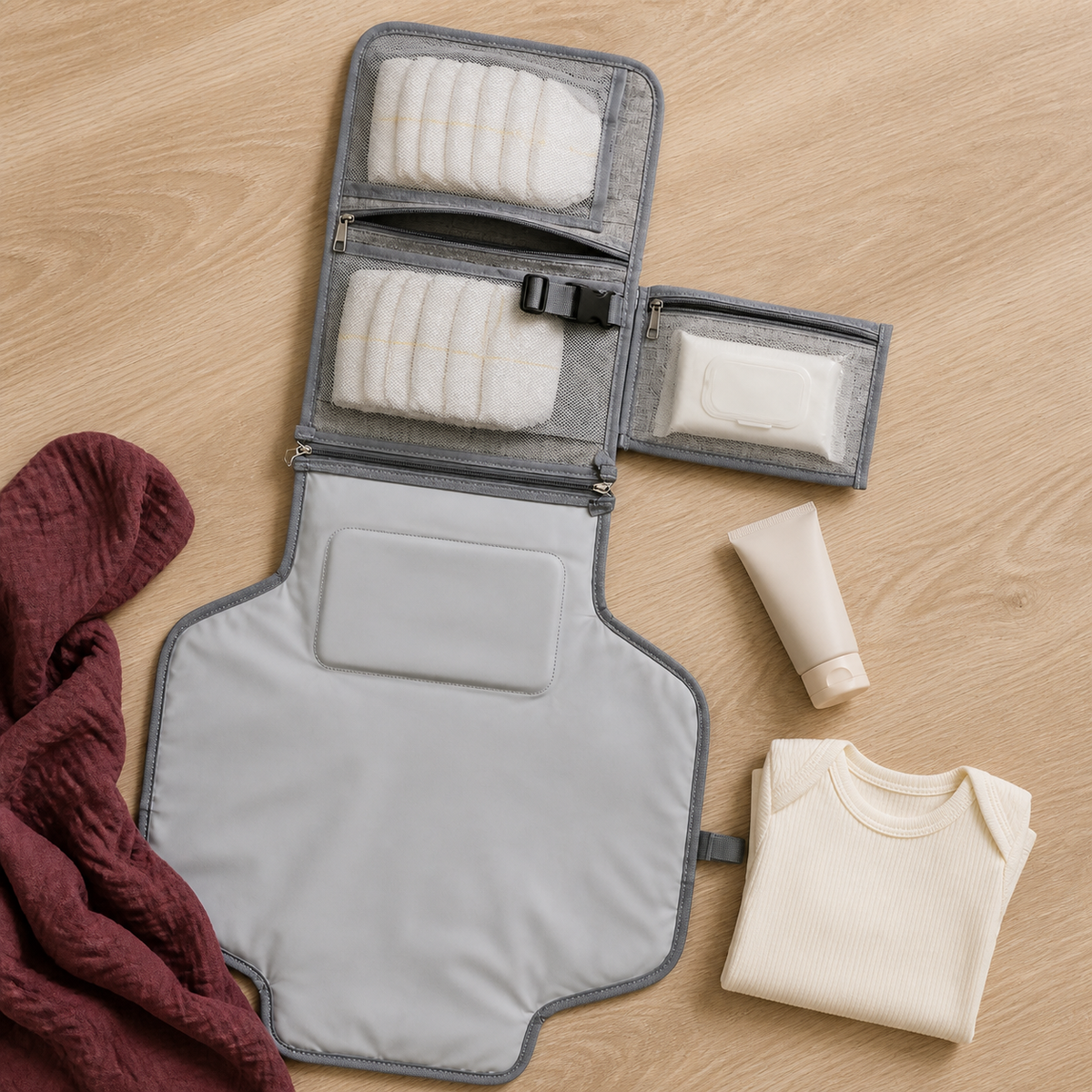 Matelas à langer nomade gris et son contenu | NOLIERA
