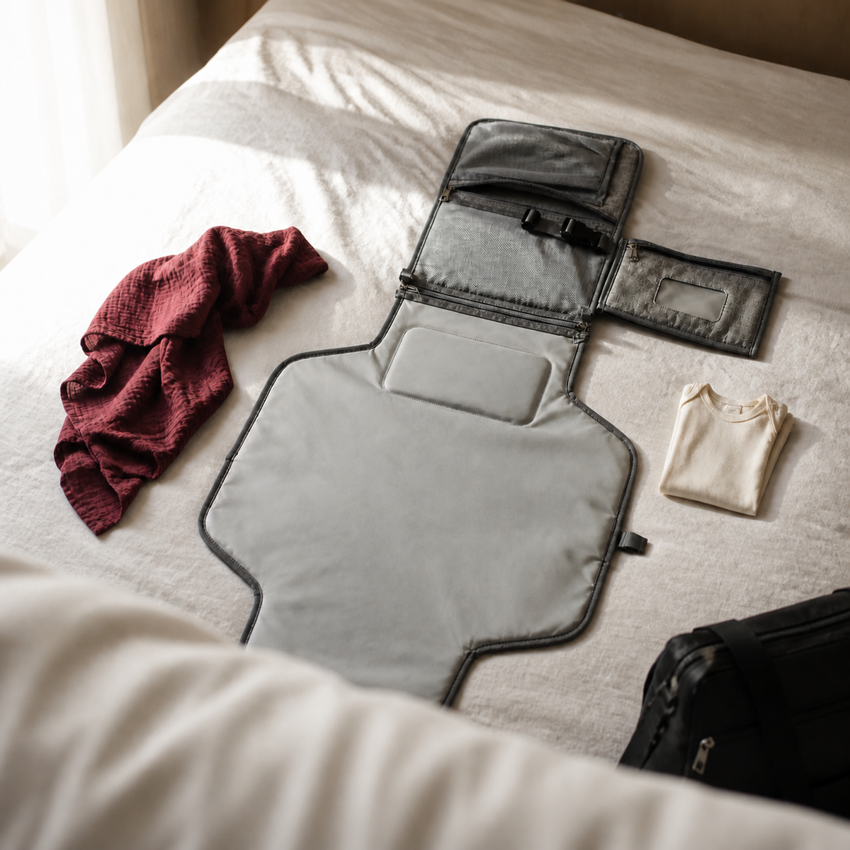 Matelas à langer nomade gris déplié sur un lit | NOLIERA