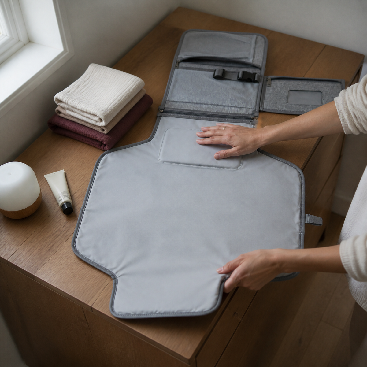 Matelas à langer nomade gris déplié sur une commode | NOLIERA