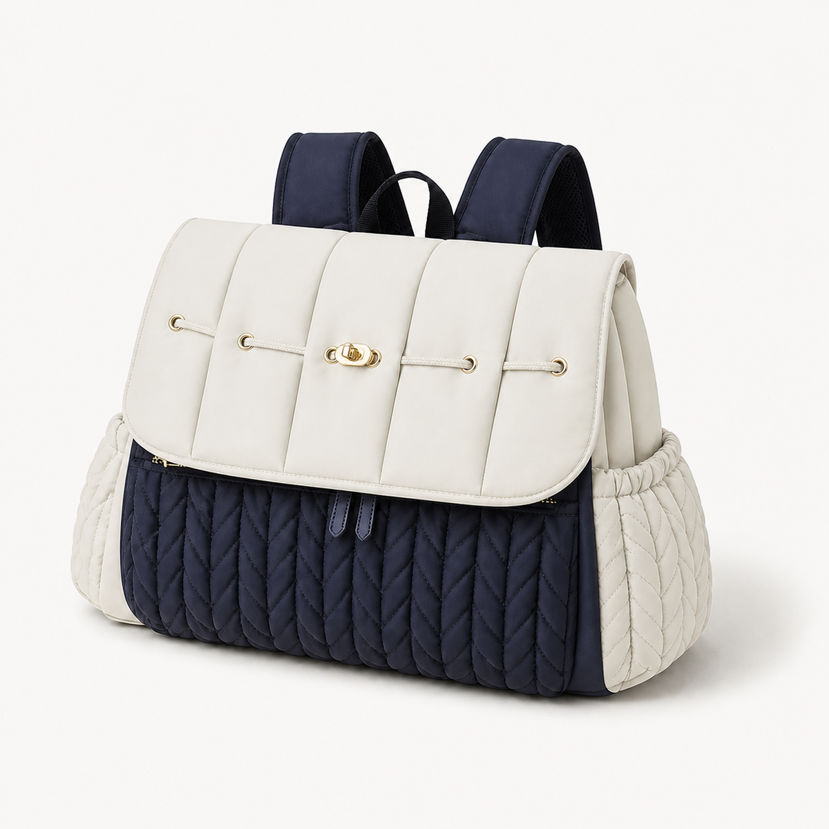 Sac à dos à langer tressé écru et marine en polyester, vue studio fond blanc | NOLIERA