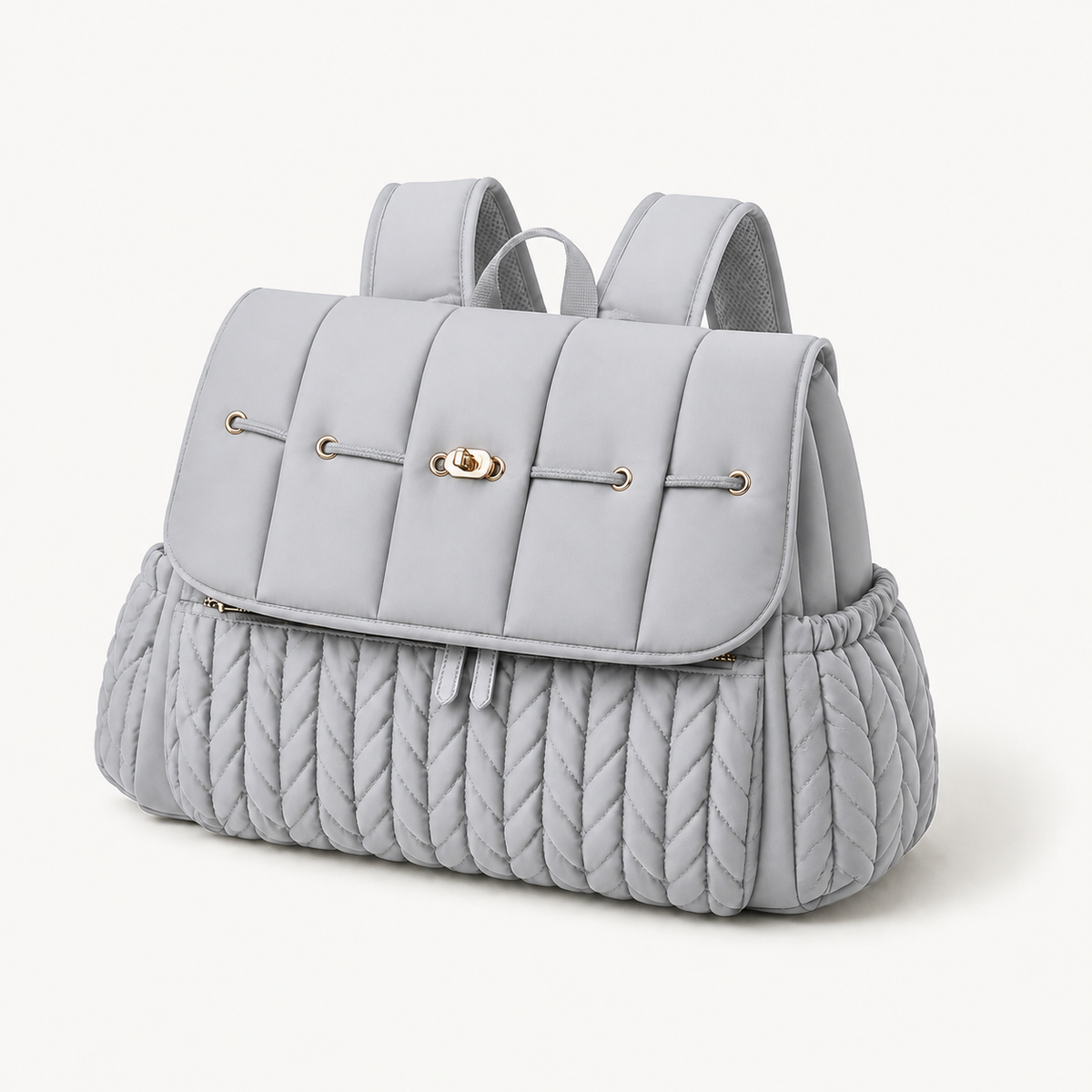 Sac à dos à langer tressé gris en polyester déperlant, vue studio fond blanc | NOLIERA