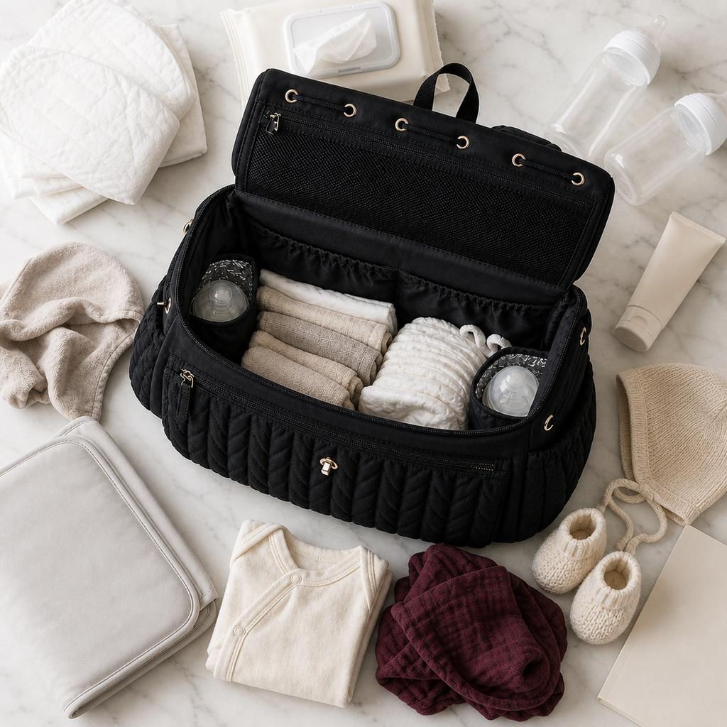 Sac à dos à langer tressé noir et contenu pour une journée | NOLIERA
