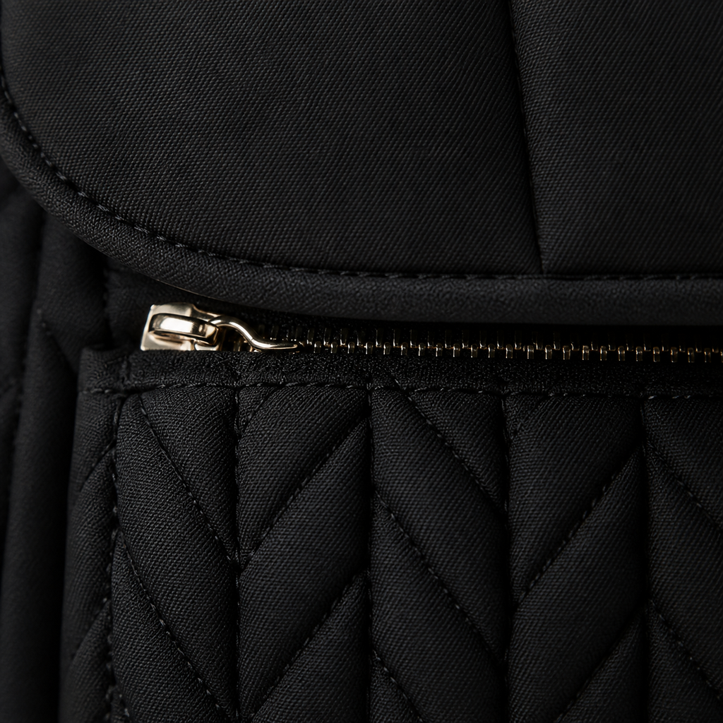 Détail coutures et fermeture du sac à dos à langer tressé noir | NOLIERA