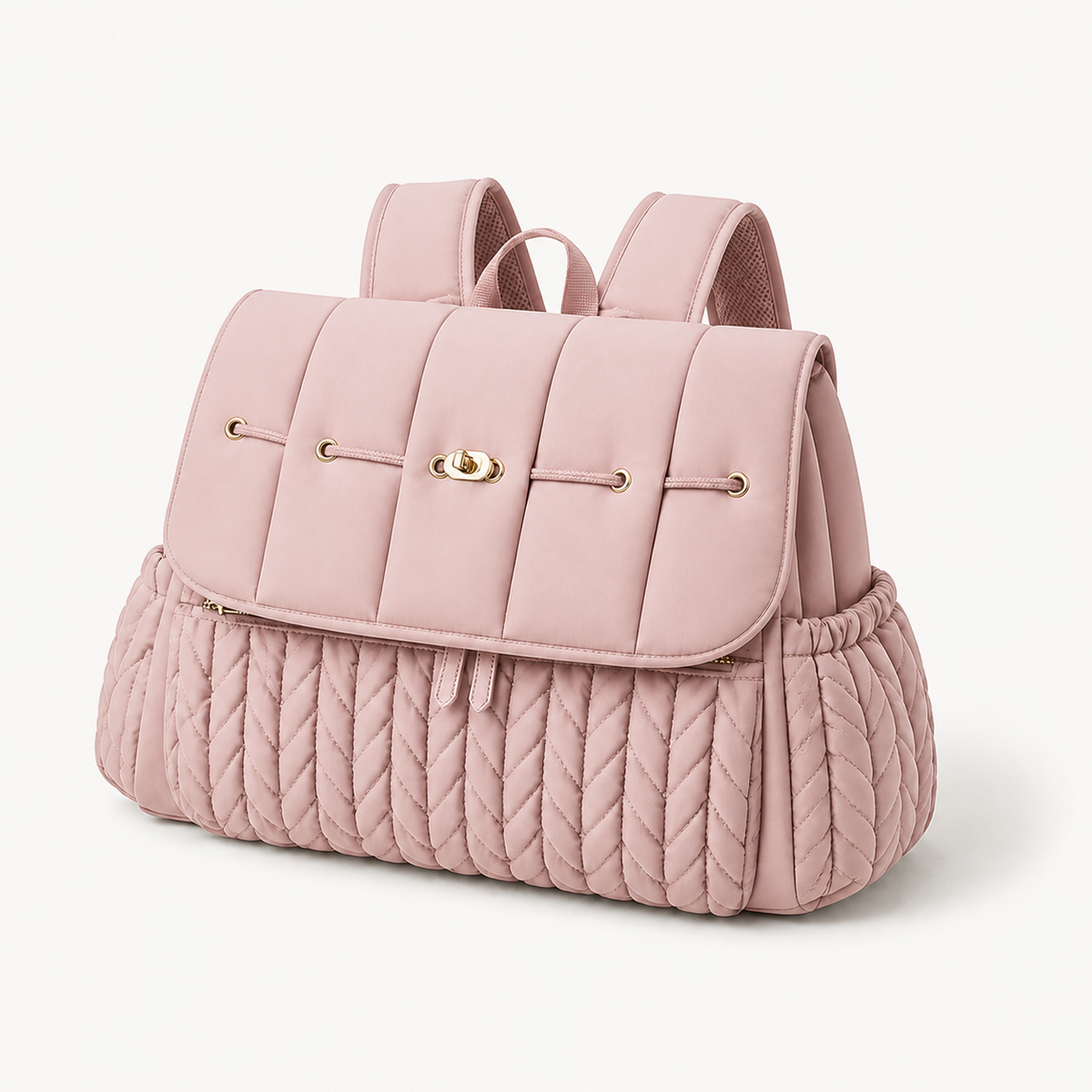 Sac à dos à langer tressé rose en polyester déperlant, vue studio fond blanc | NOLIERA