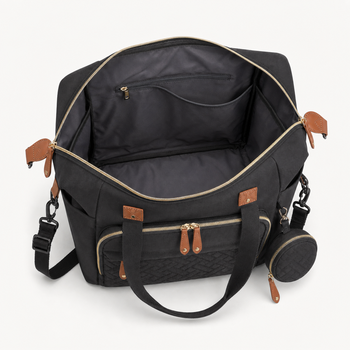 Intérieur du sac à langer bandoulière noir ouvert, rangements | NOLIERA