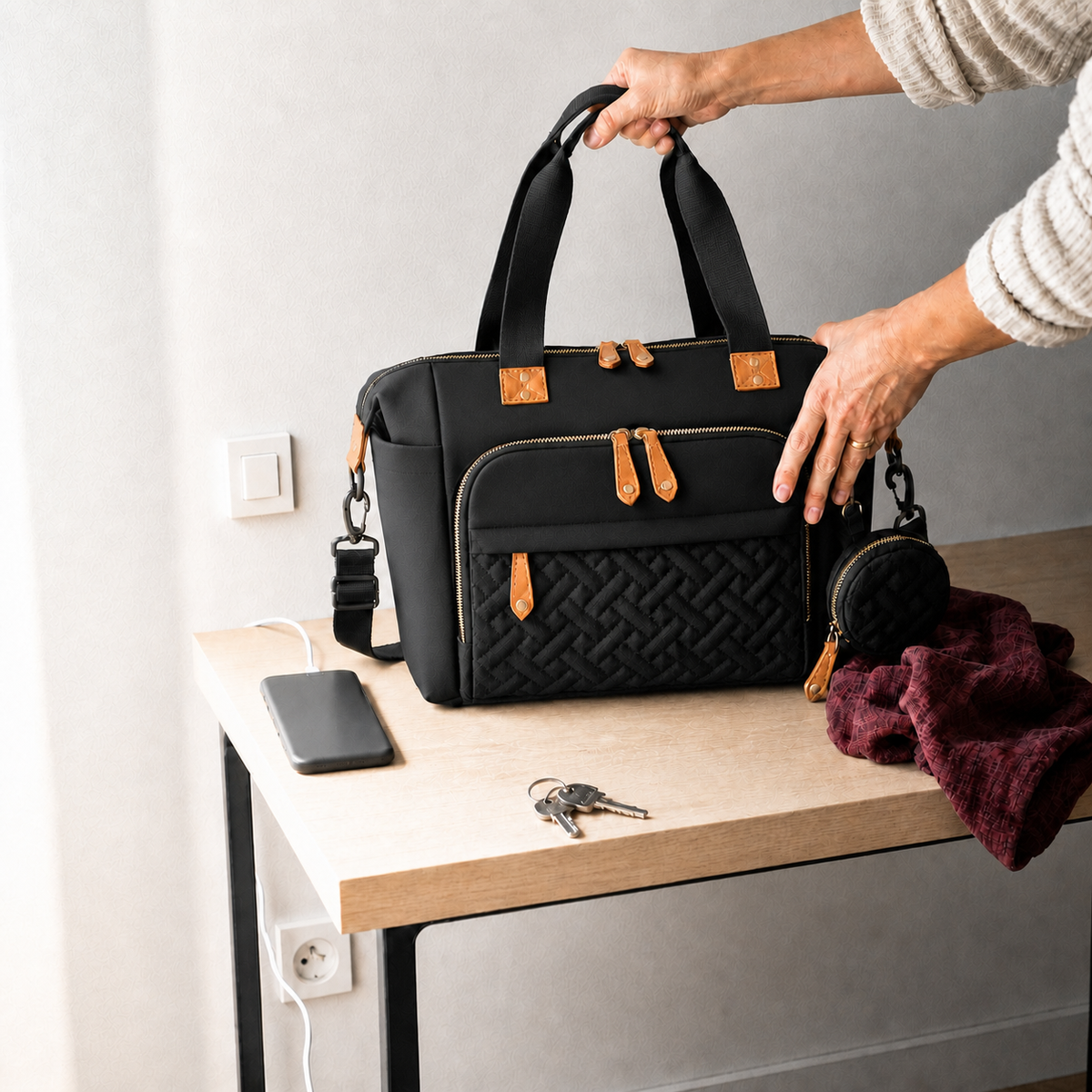 Sac à langer bandoulière noir posé dans une entrée | NOLIERA