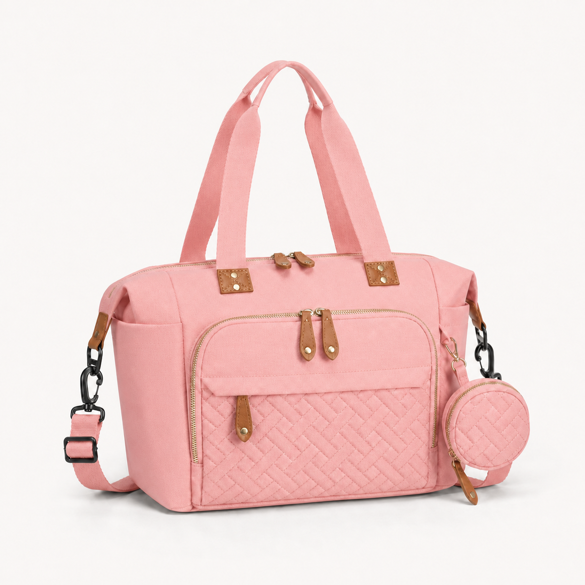 Sac à langer bandoulière rose, vue studio fond blanc | NOLIERA