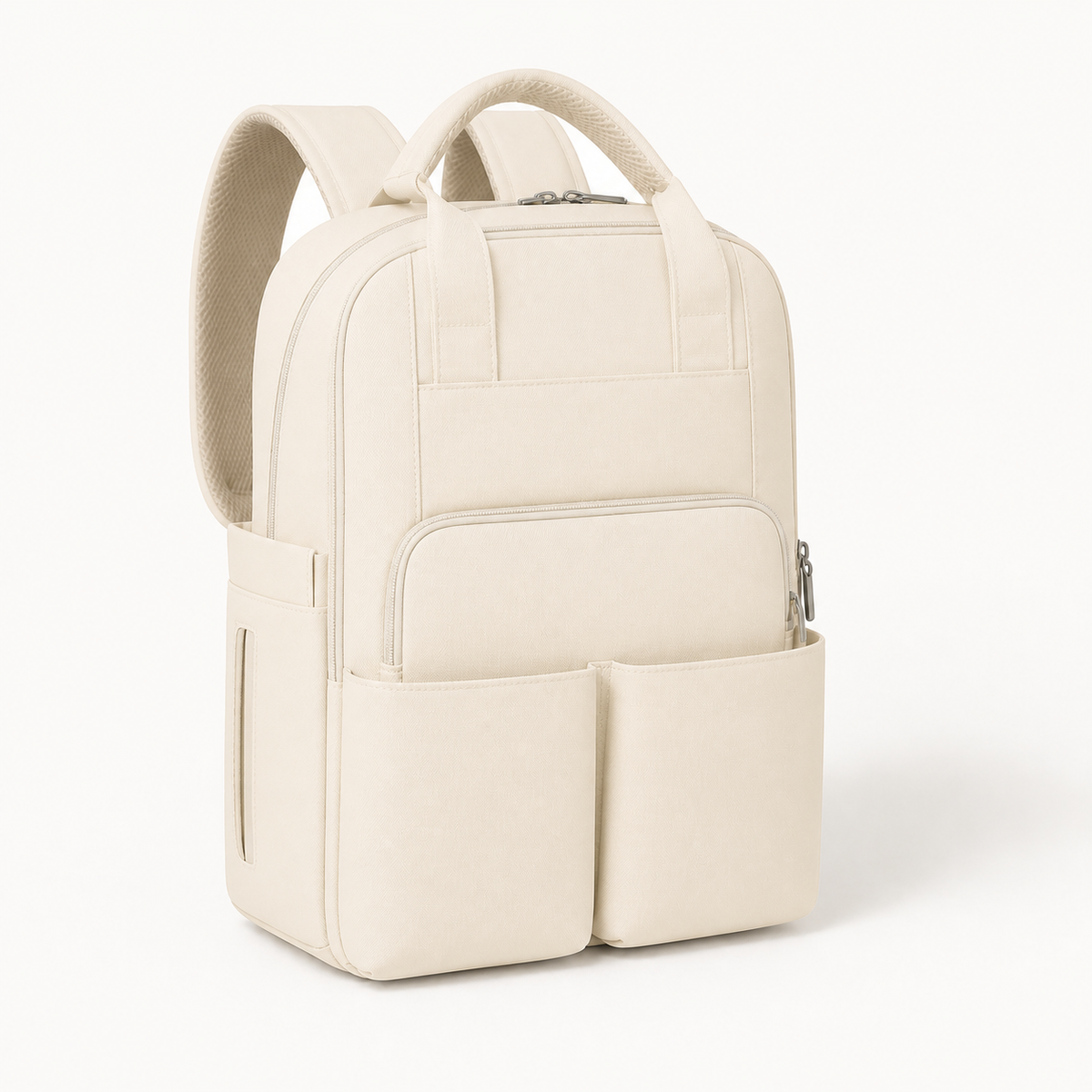 Sac à dos à langer compartimenté blanc cassé, vue studio | NOLIERA