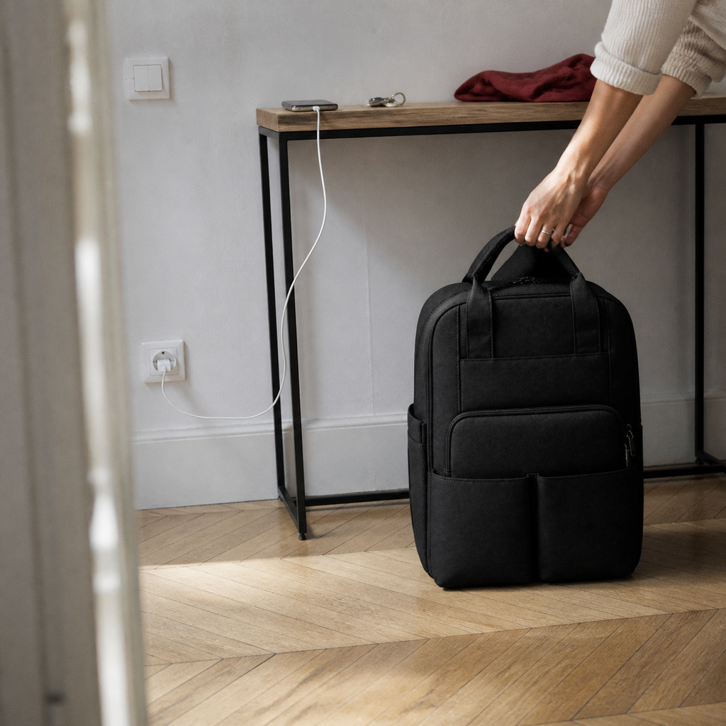 Sac à dos à langer noir posé dans une entrée | NOLIERA
