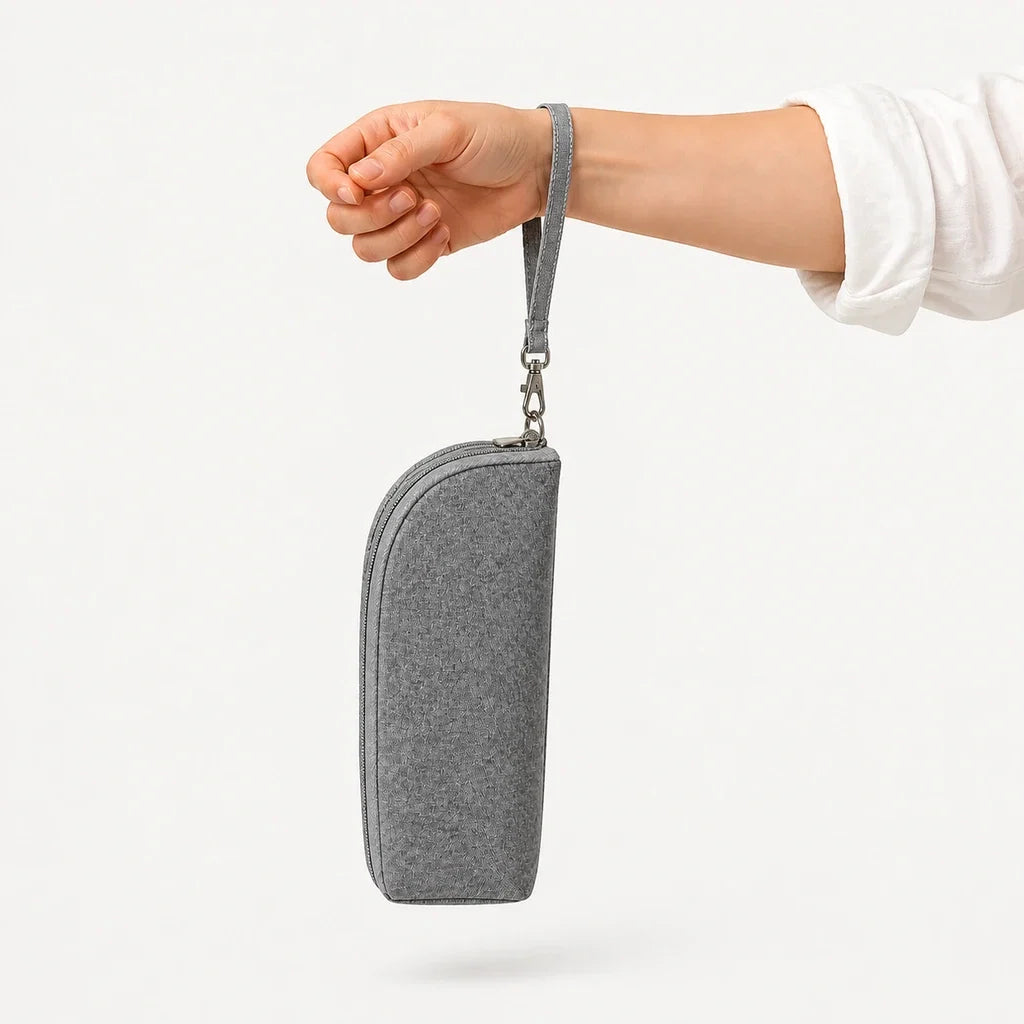 Sac isotherme biberon aluminium gris chiné tenu par sa dragonne | NOLIERA