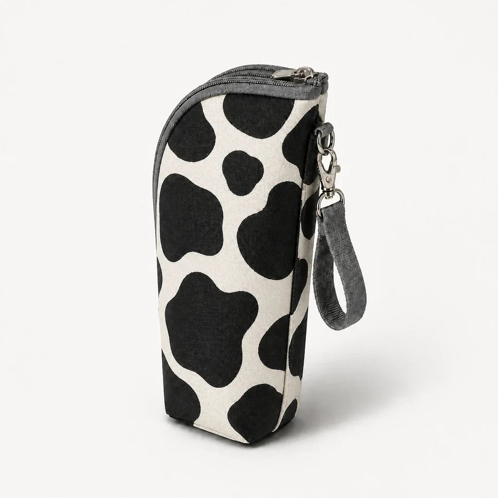 Sac isotherme biberon aluminium vache, vue studio | NOLIERA