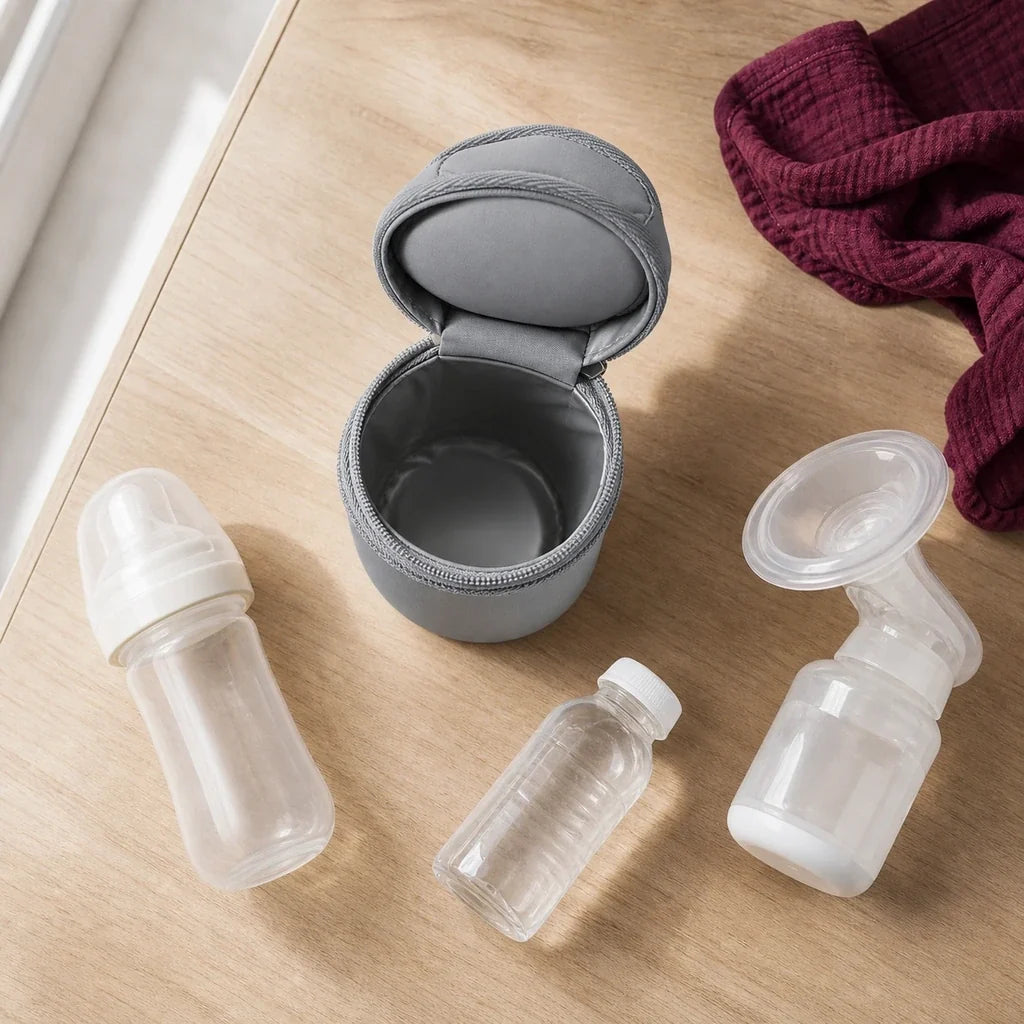 Sac isotherme cendre avec biberon, gourde et tire-lait | NOLIERA