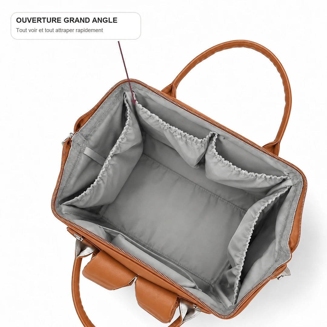 Sac à dos à langer classique camel avec ouverture grand angle et intérieur compartimenté | NOLIERA