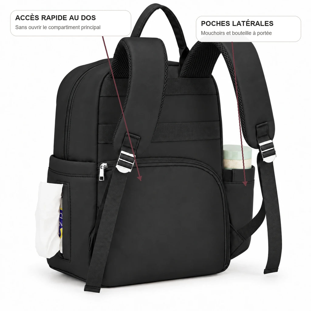 Sac à dos à langer compartimenté noir avec accès rapide au dos et poches latérales | NOLIERA