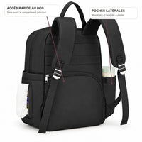 Sac à dos à langer compartimenté noir avec accès rapide au dos et poches latérales | NOLIERA