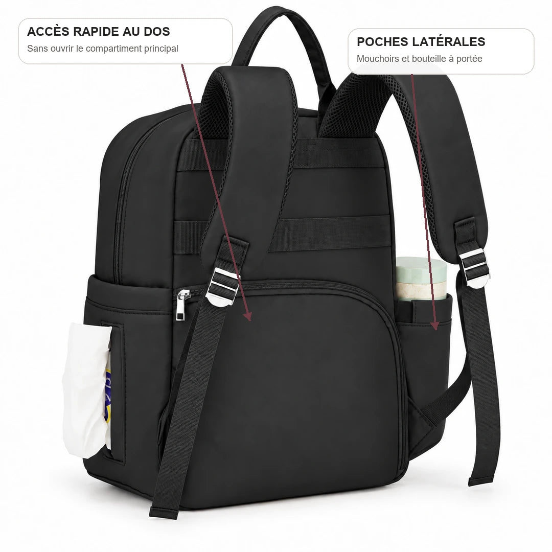 Sac à dos à langer compartimenté noir avec accès rapide au dos et poches latérales | NOLIERA