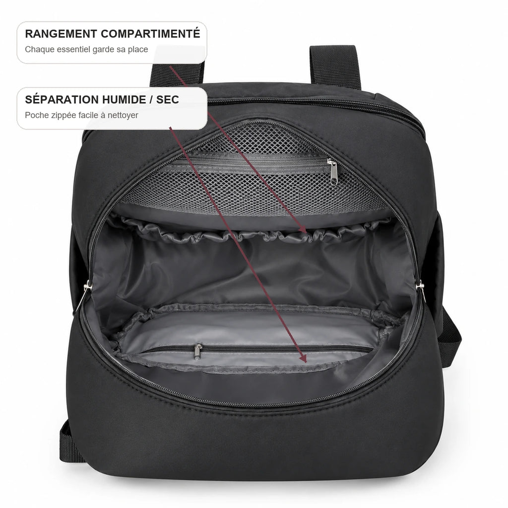 Intérieur vide du sac à dos à langer compartimenté noir avec séparation humide-sec | NOLIERA
