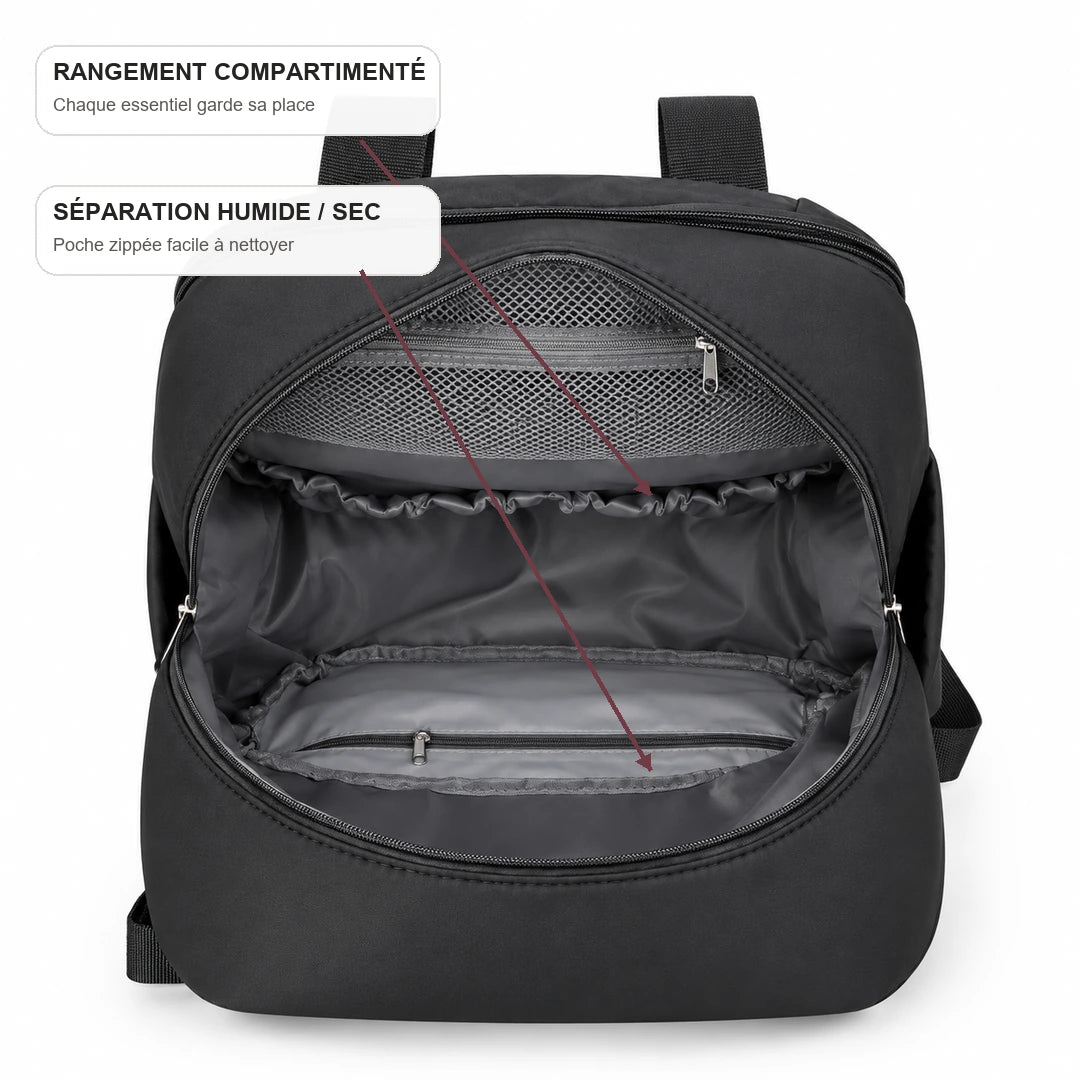 Intérieur vide du sac à dos à langer compartimenté noir avec séparation humide-sec | NOLIERA