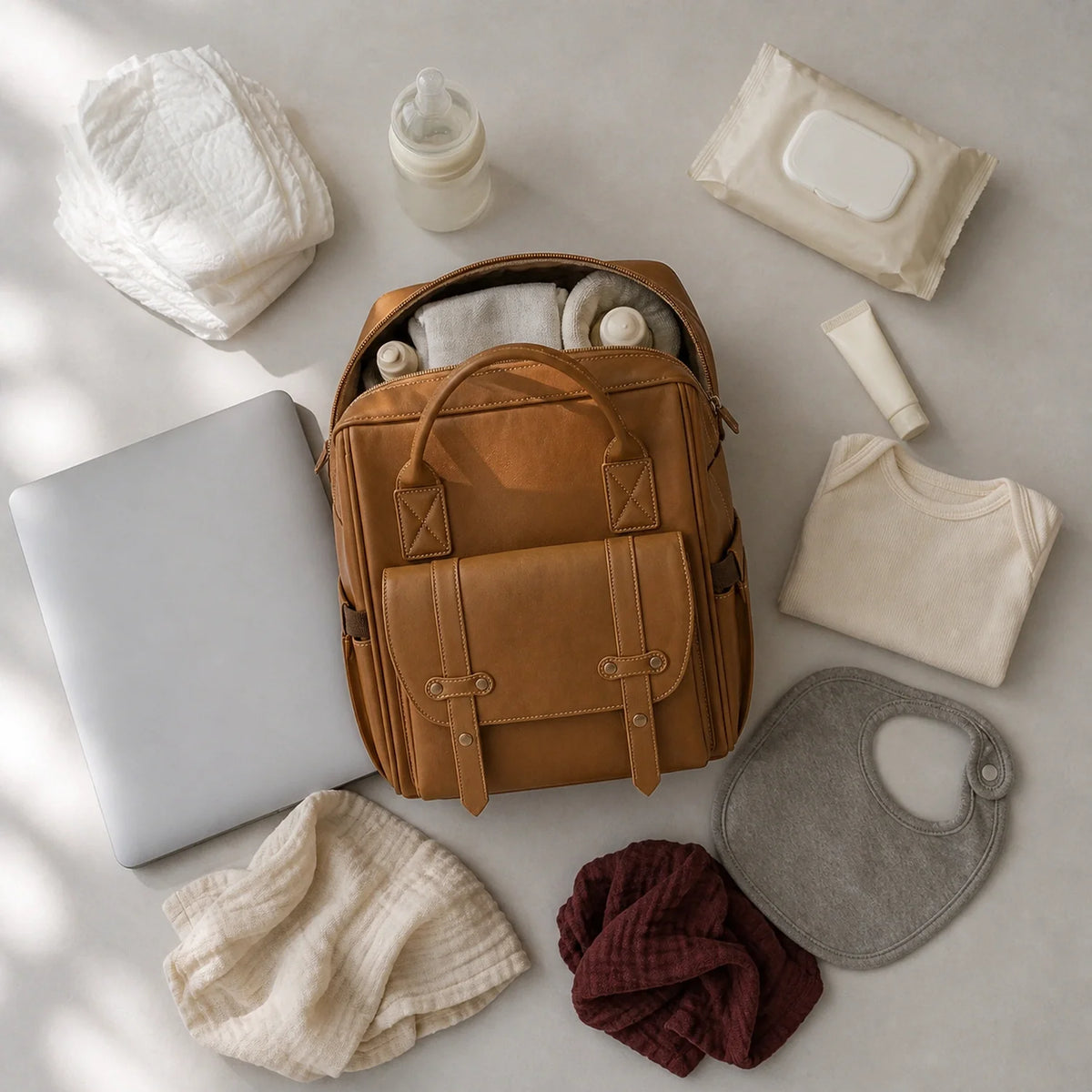 Sac à dos à langer cuir camel et contenu avec ordinateur | NOLIERA