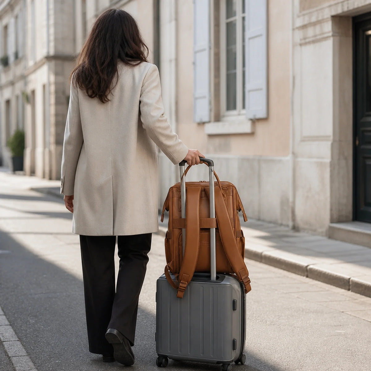 Sac à dos à langer cuir camel fixé sur une valise cabine | NOLIERA