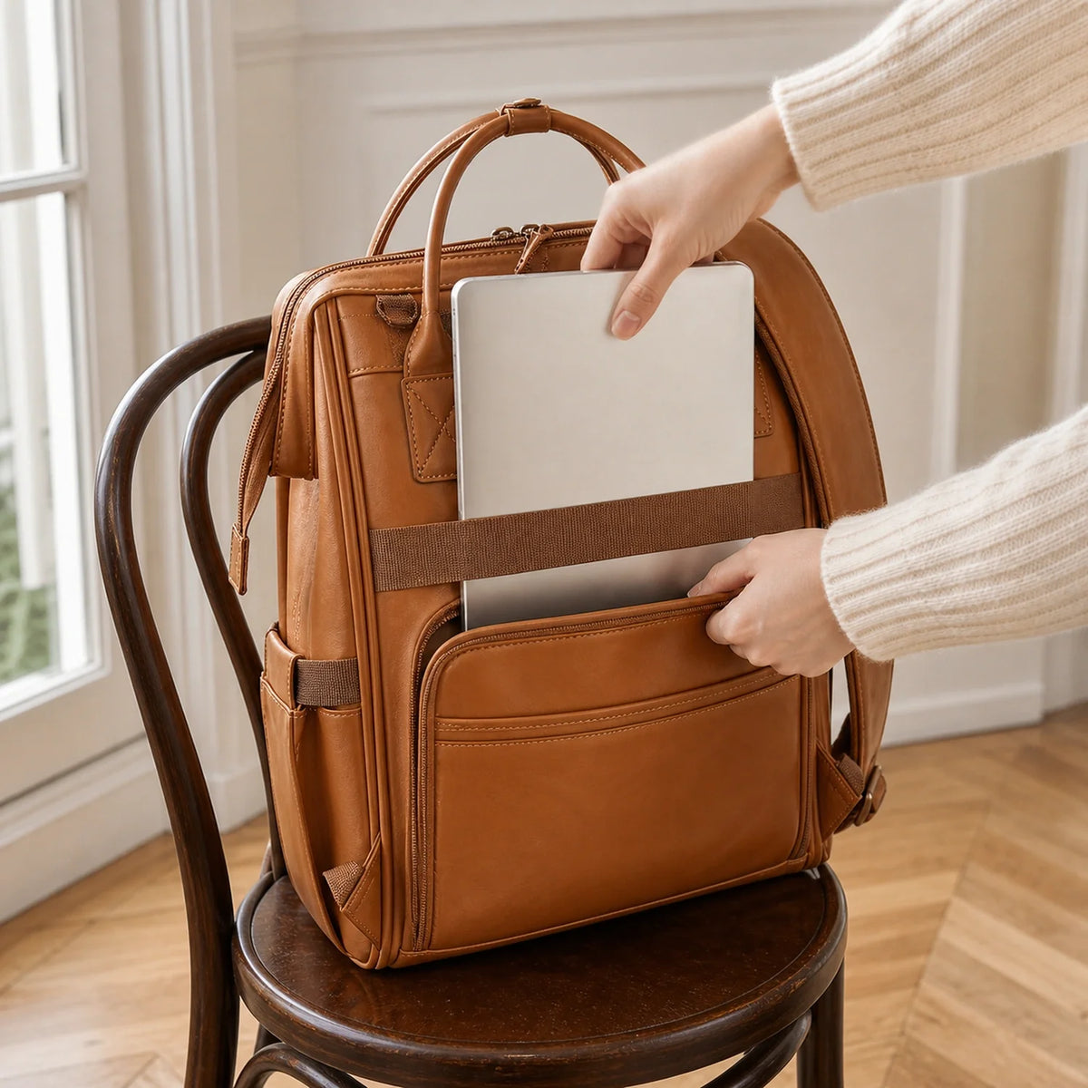 Compartiment ordinateur du sac à dos à langer cuir camel | NOLIERA