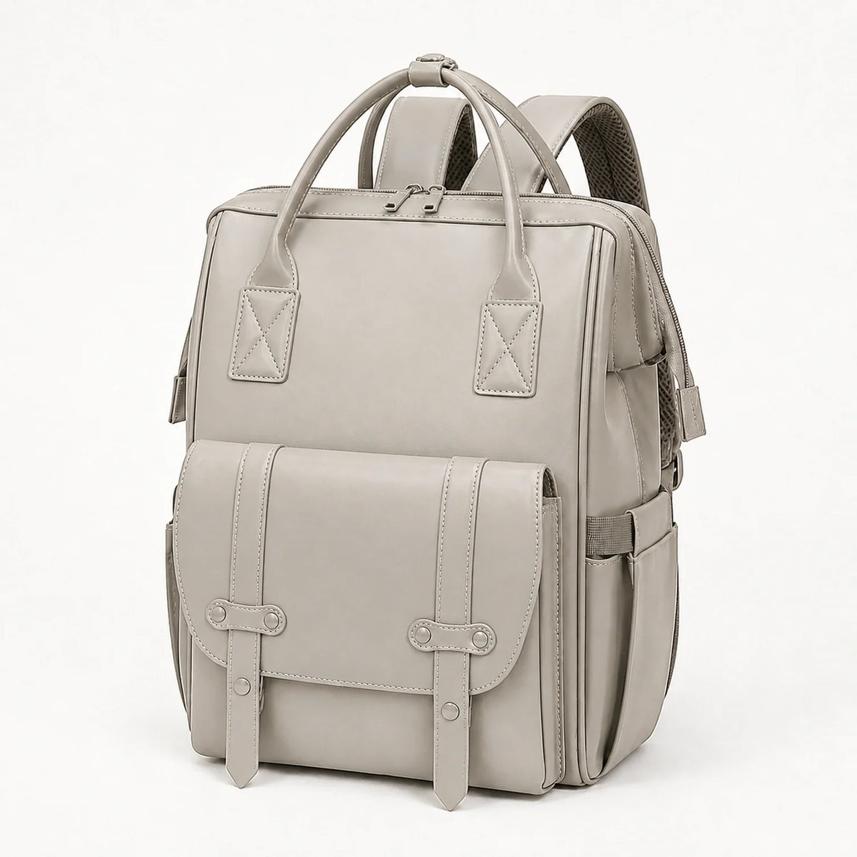 Sac à dos à langer cuir gris pierre, vue studio | NOLIERA