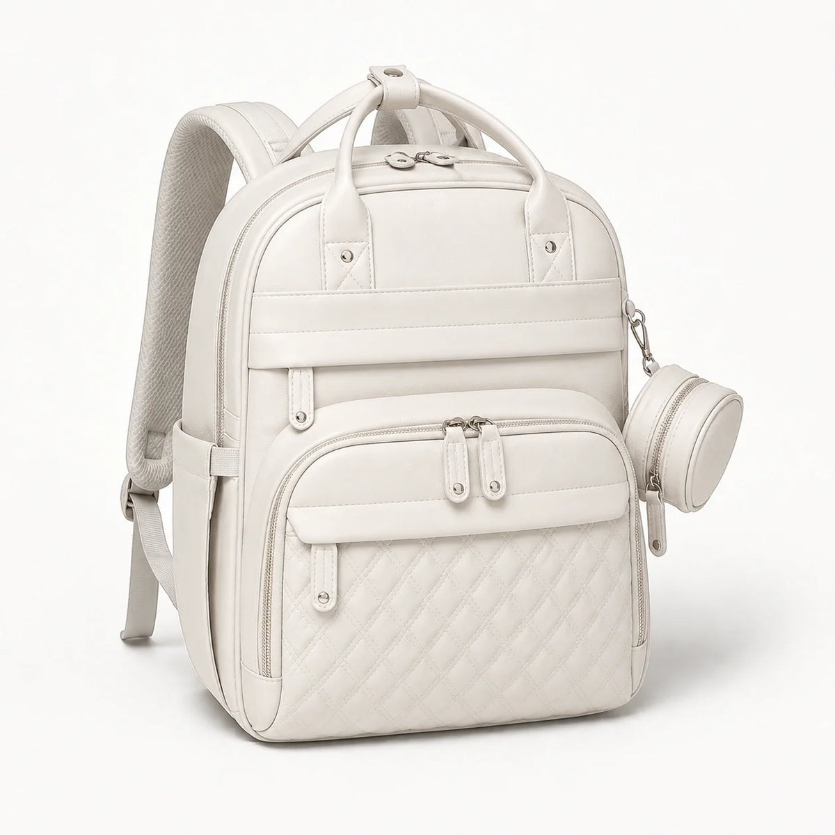 Sac à dos à langer blanc effet cuir, vue studio | NOLIERA