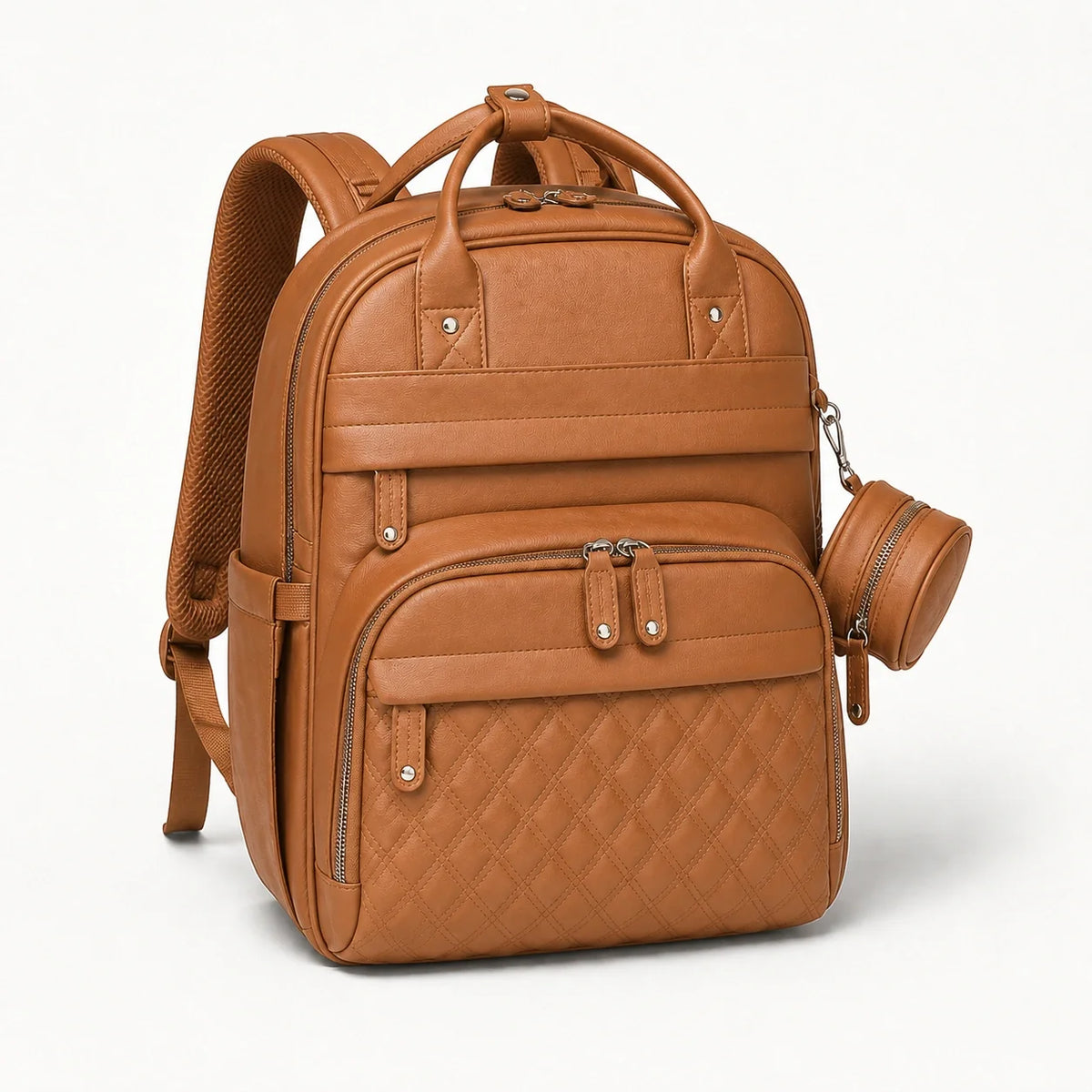 Sac à dos à langer brun effet cuir, vue studio | NOLIERA
