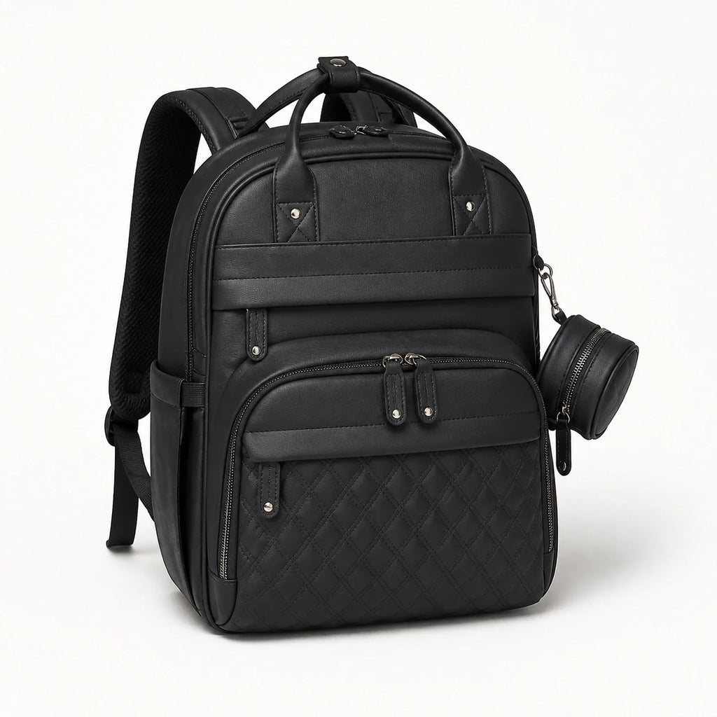 Sac à dos à langer noir effet cuir, vue studio | NOLIERA
