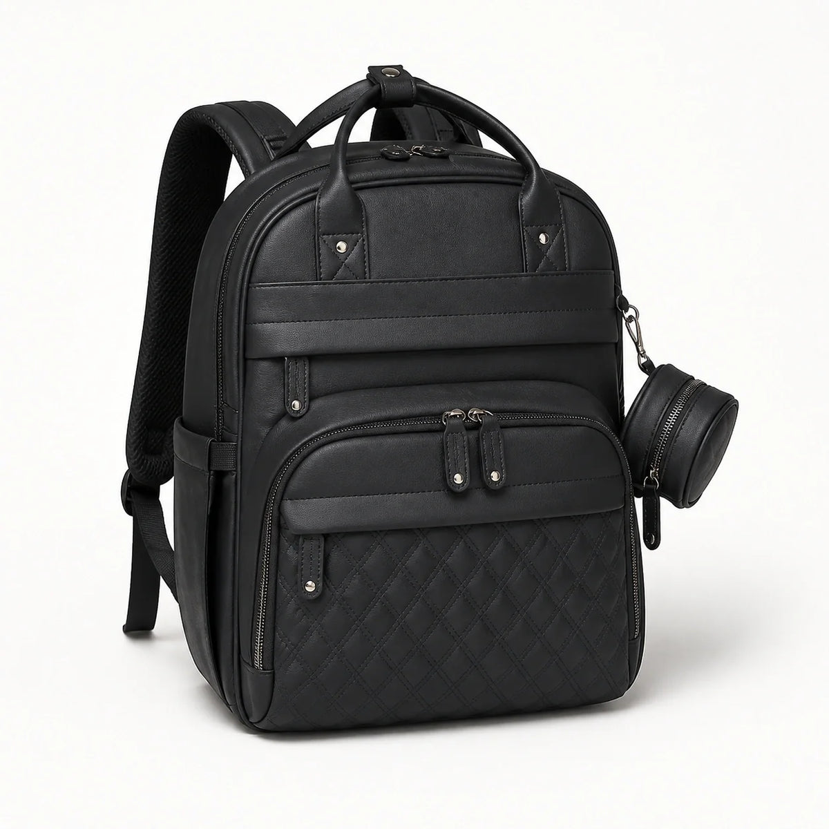 Sac à dos à langer noir effet cuir, vue studio | NOLIERA