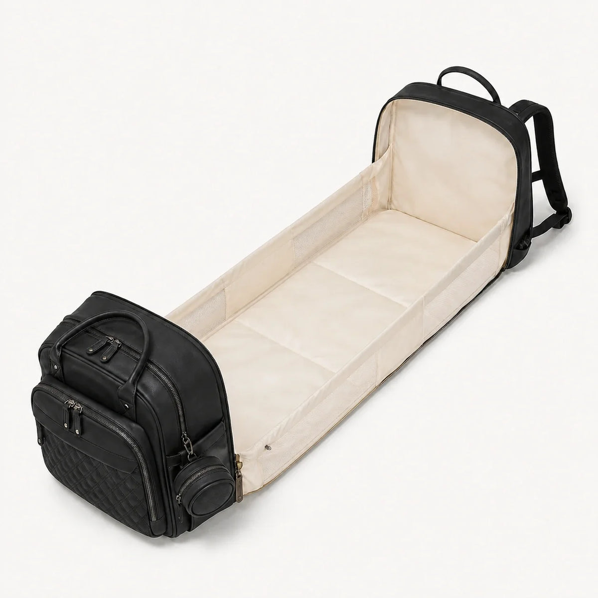 Sac à dos à langer noir déployé, espace matelassé | NOLIERA