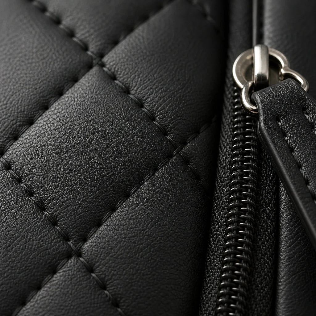 Détail des surpiqûres du sac à dos à langer noir | NOLIERA