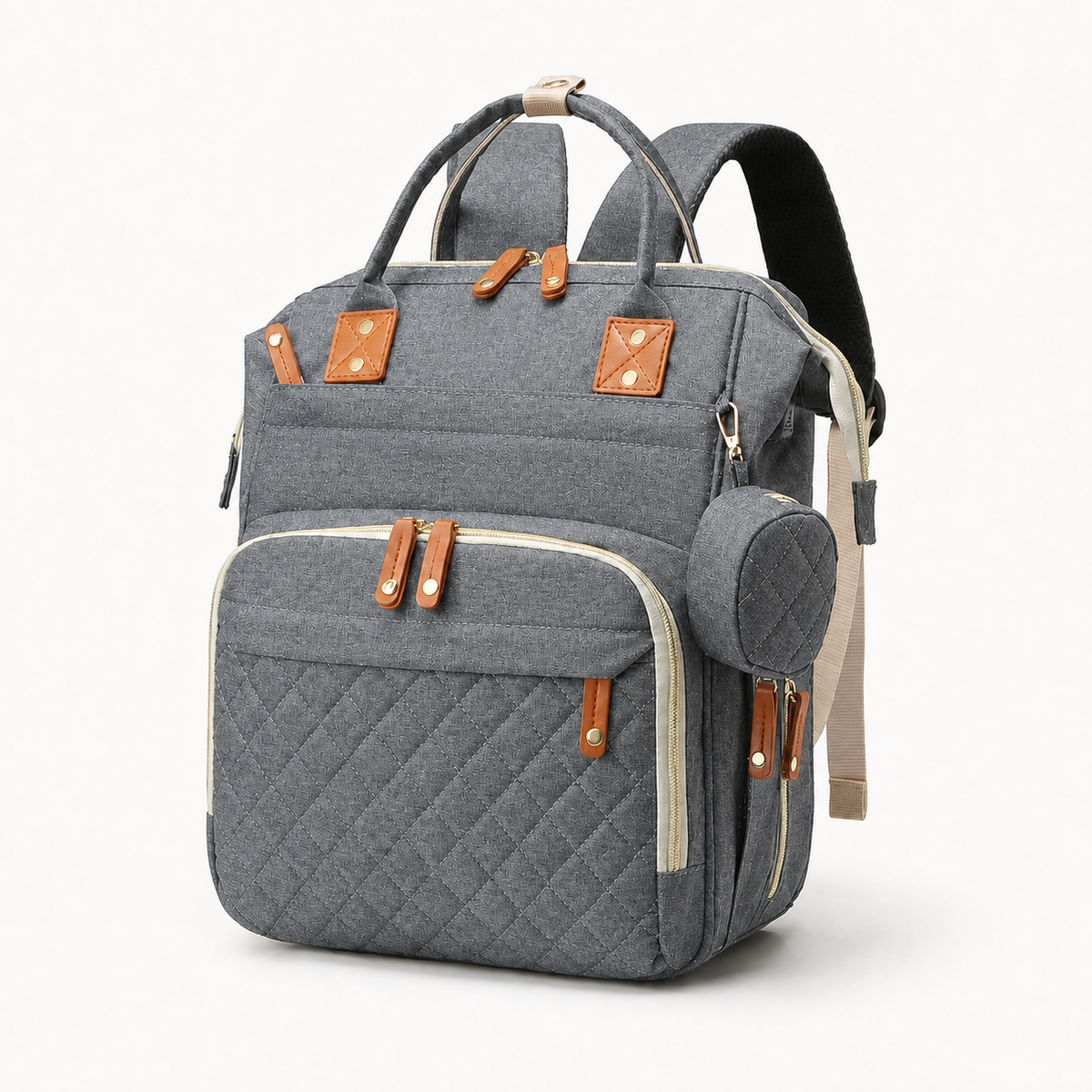 Sac à dos à langer gris anthracite en nylon matelassé, vue studio fond blanc | NOLIERA